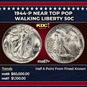 1944-p Walking Liberty Half Dollar Near Top Pop 50c ms67+ SEGS