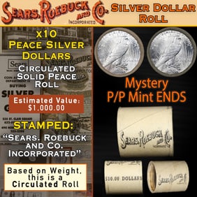 Sears 10 Coin Circulated Peace Dollar $1 Roll Mystery 'P' Rev/'P' Rev Ends