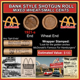 Lincoln Wheat Cent 1c Mixed Roll Orig Brandt McDonalds Wrapper, 1921-s end, Wheat other end