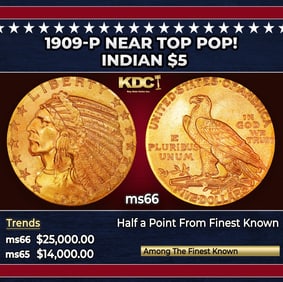1909-p Gold Indian Half Eagle Near Top Pop! $5 ms66 USCG