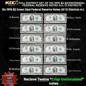 Full District Set of 12x 1976 Bicentennial $2 Federal Reserve Notes All 12 Districts A-L CU $2 Green