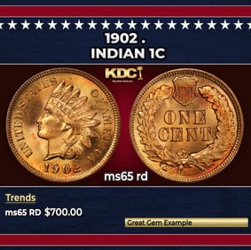 1902 Indian Cent . 1c Grades ms65 rd