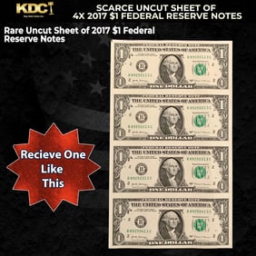 Scarce Uncut Sheet of 4x 2017 $1 Federal Reserve Notes In BeP Folder
