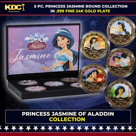 5 Coin Aladdin Princess Jasmine Gold Plated Round Collection In Custom Box W/ Special Backer card