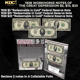 1928 Workhorse Notes of the Great Depression $5, $10, $20 3 "Redeemable In Gold" Federal Reserve