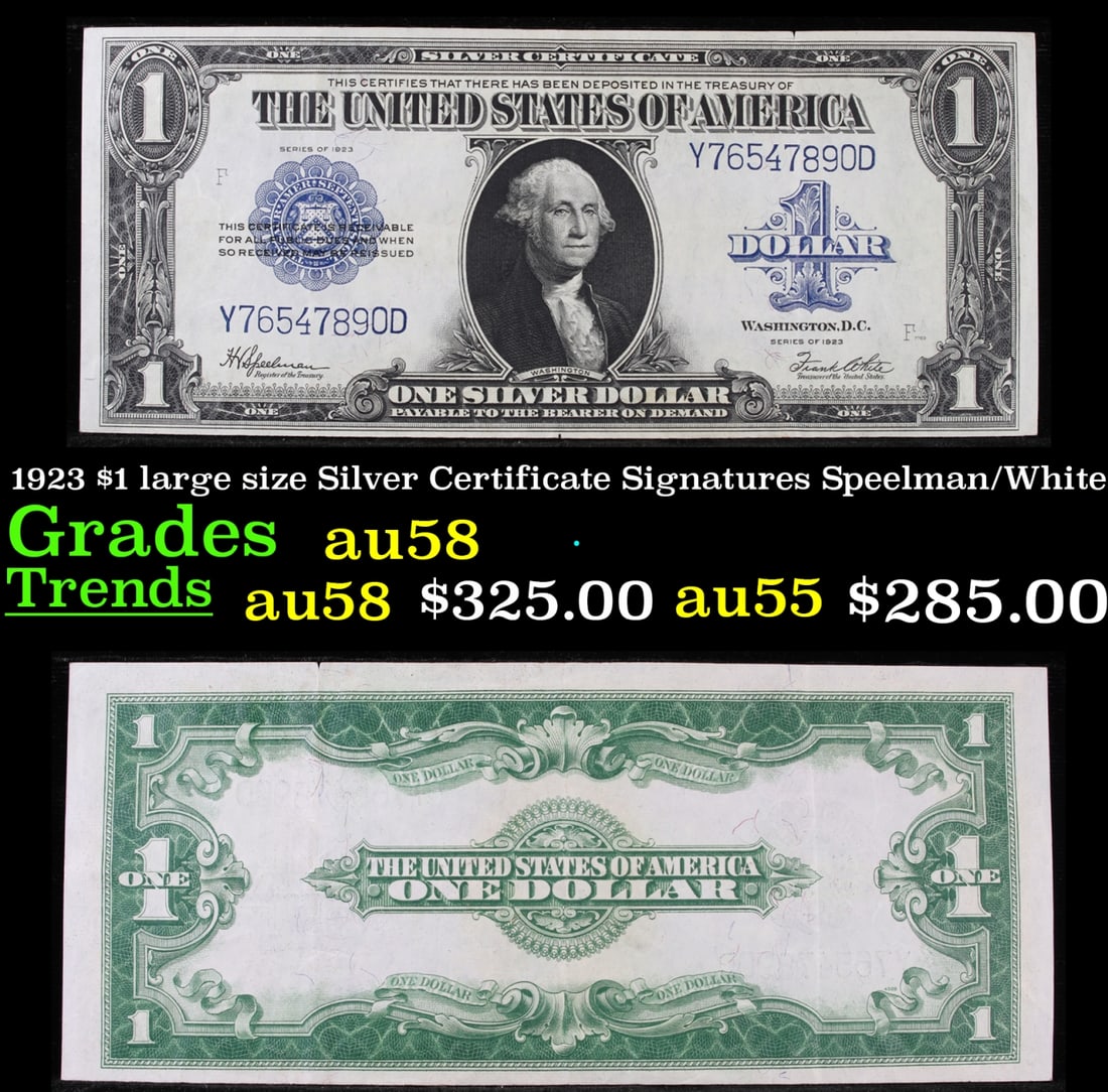 1923 $1 large size Silver Certificate Grades Choice AU/BU Slider Signatures Speelman/White (1 of 1)
