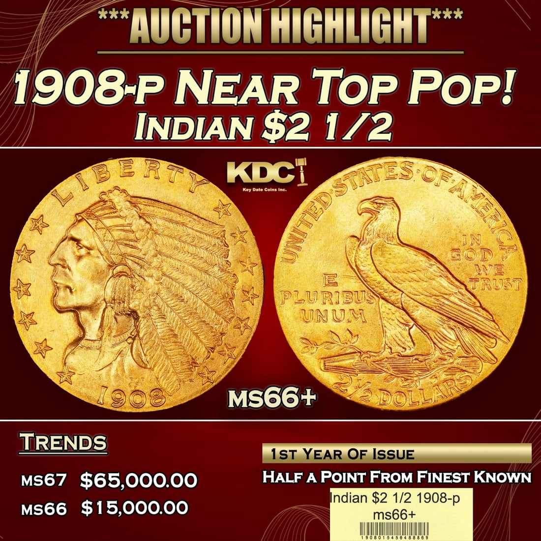 1908-p Gold Indian Quarter Eagle Near Top Pop! $2 1/2 ms66+ USCG (1 of 4)