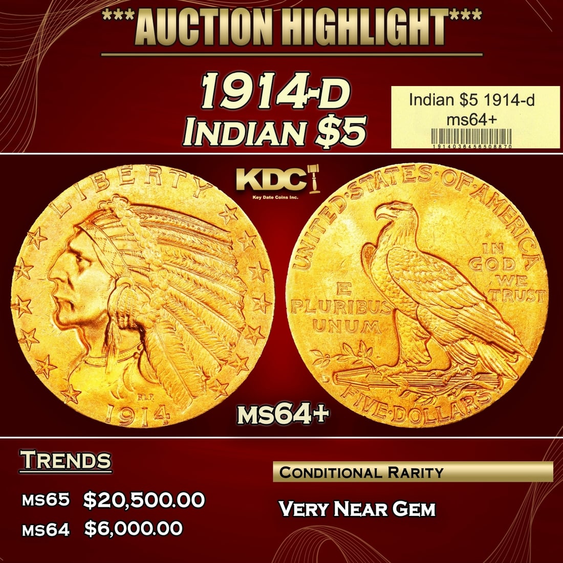 1914-d Gold Indian Half Eagle $5 ms64+ USCG (1 of 4)