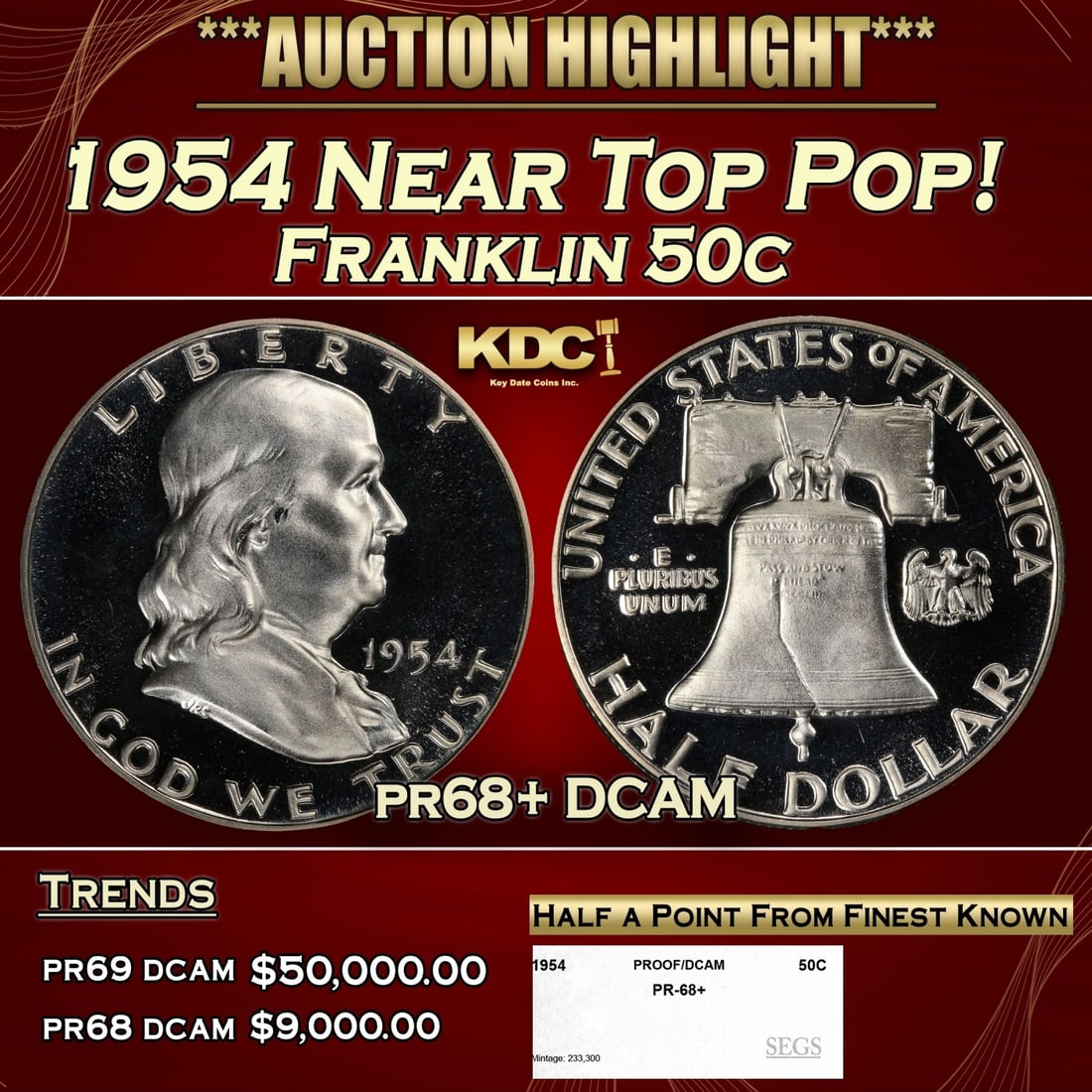 1954 Proof Franklin Half Dollar Near Top Pop! 50c pr68+ DCAM SEGS (1 of 4)