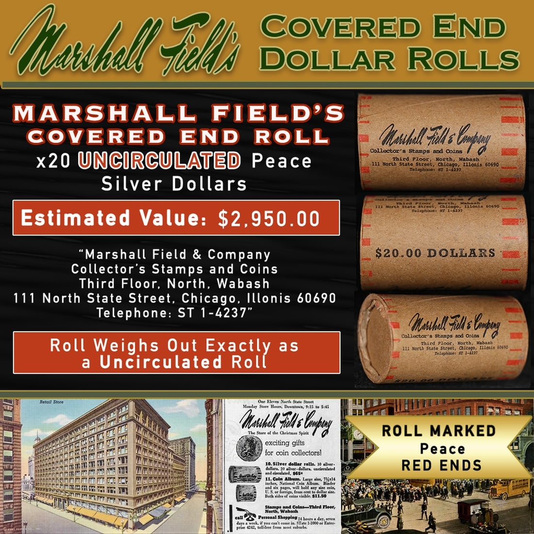 Rare RED Level MARSHALL FIELDS Unc Peace $1 Roll 20 (1 of 7)