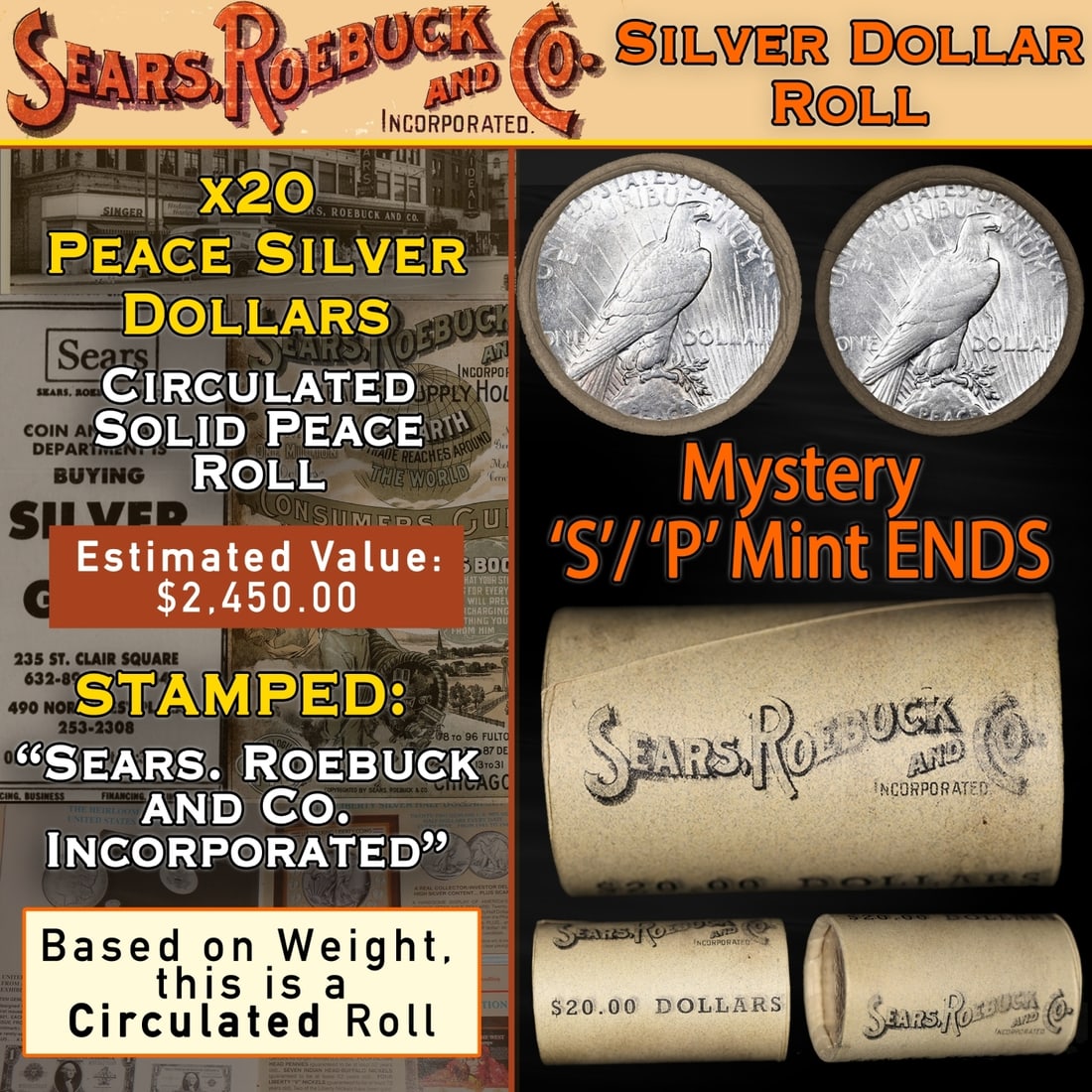 20 Coin SEARS Peace Silver $1 Roll Circ Mystery 'S' Rev/'P' Rev Ends (1 of 8)