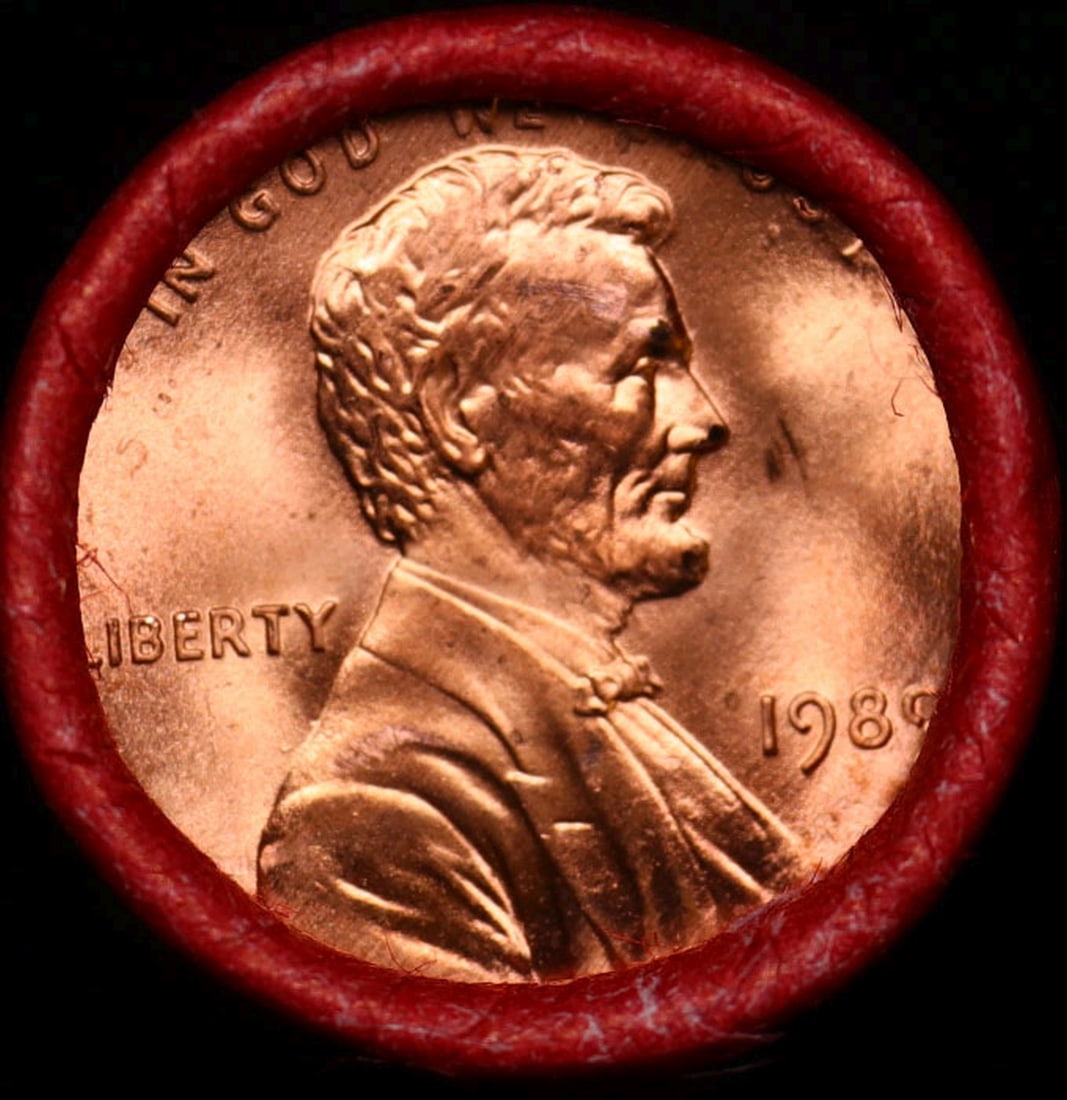 BU Shotgun Lincoln 1c roll, 1989-p 50 pcs Bank Wrapper 50c: BU Shotgun Lincoln 1c roll, 1989-p 50 pcs Bank Wrapper 50c. A terrific Shotgun roll of Lincoln cents in a Bank wrapper. Most if not all coins should be cherry red.