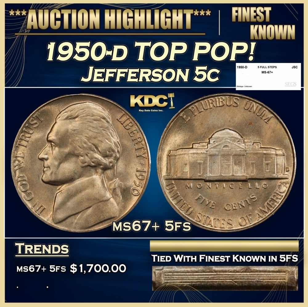 1950-d Jefferson Nickel TOP POP! 5c ms67+ 5fs SEGS: 1950-d TOP POP! Jefferson Nickel 5c ms67+ 5fs SEGS.