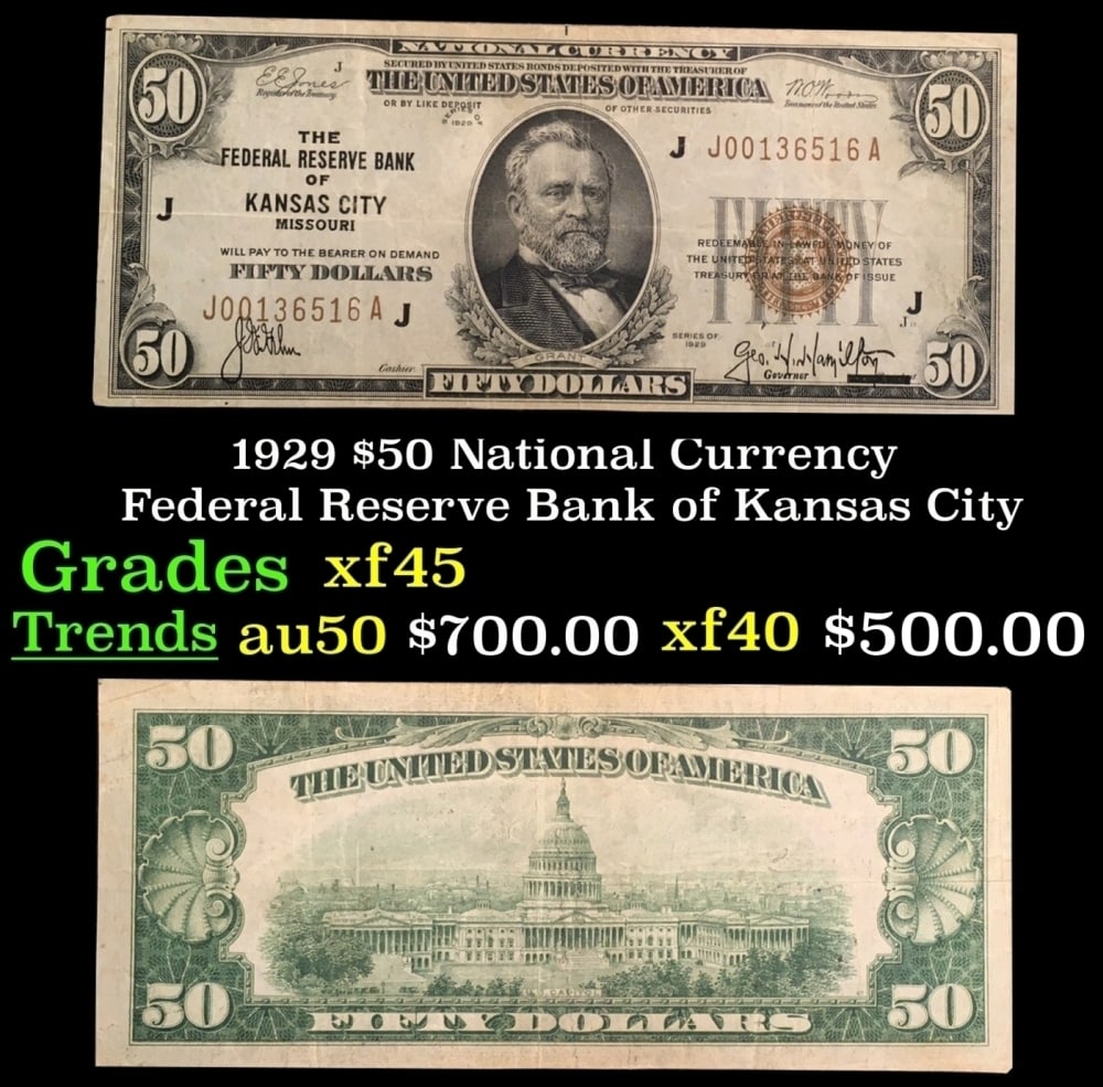 1929 $50 National Currency Federal Reserve Bank of Kansas City Grades xf+: 1929 $50 National Currency Federal Reserve Bank of Kansas City Grades xf+. Backed by bonds deposited with the Federal Government, this kind of money says “National Currency” at the top center 