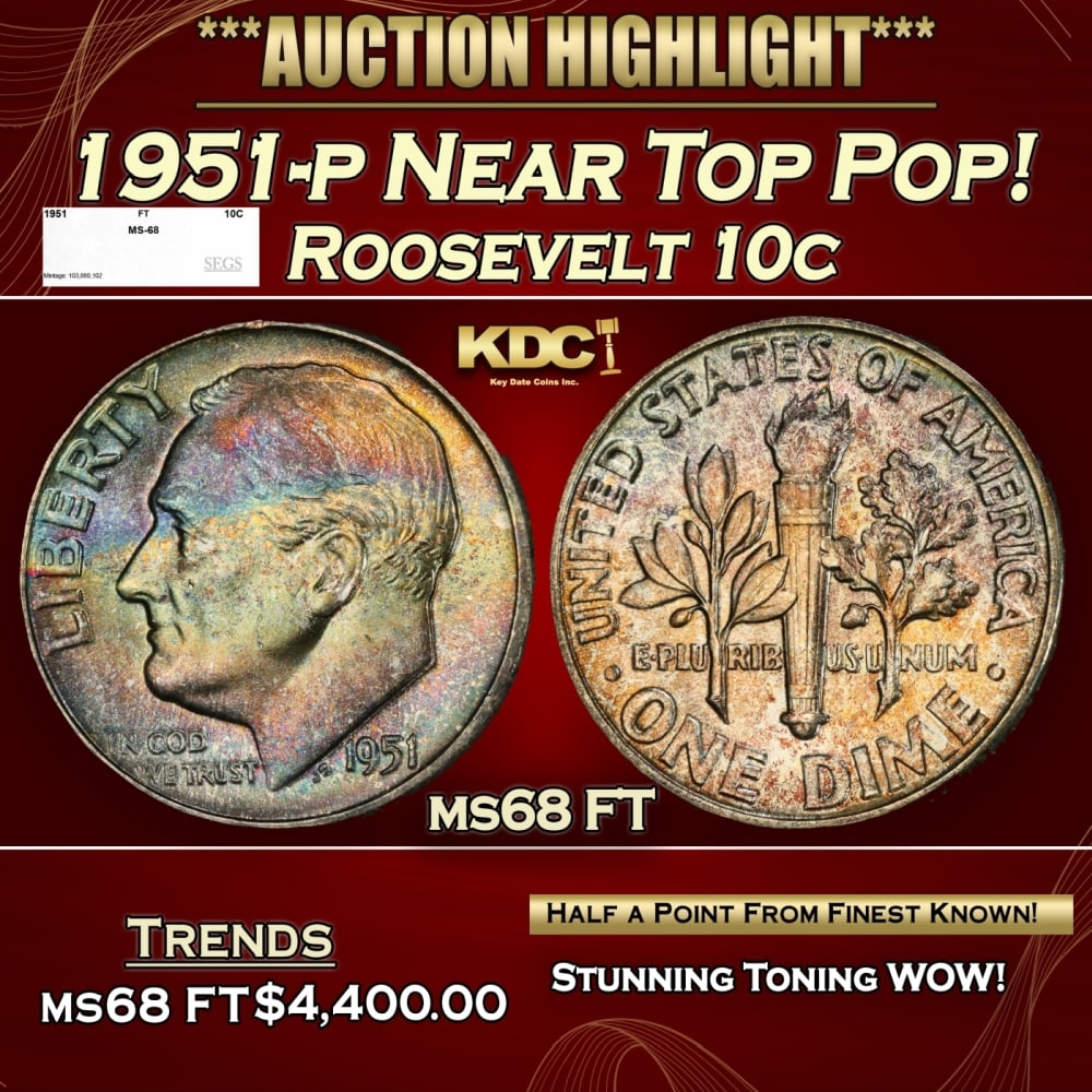1951-p Roosevelt Dime Near Top Pop! 10c ms68 FT SEGS (1 of 4)