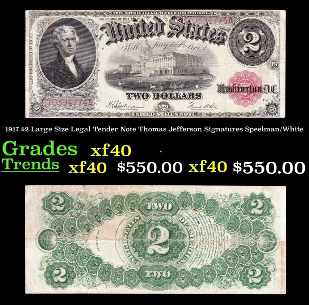 1917 $2 Large Size Legal Tender Note Thomas Jefferson Grades xf Signatures Speelman/White (1 of 3)