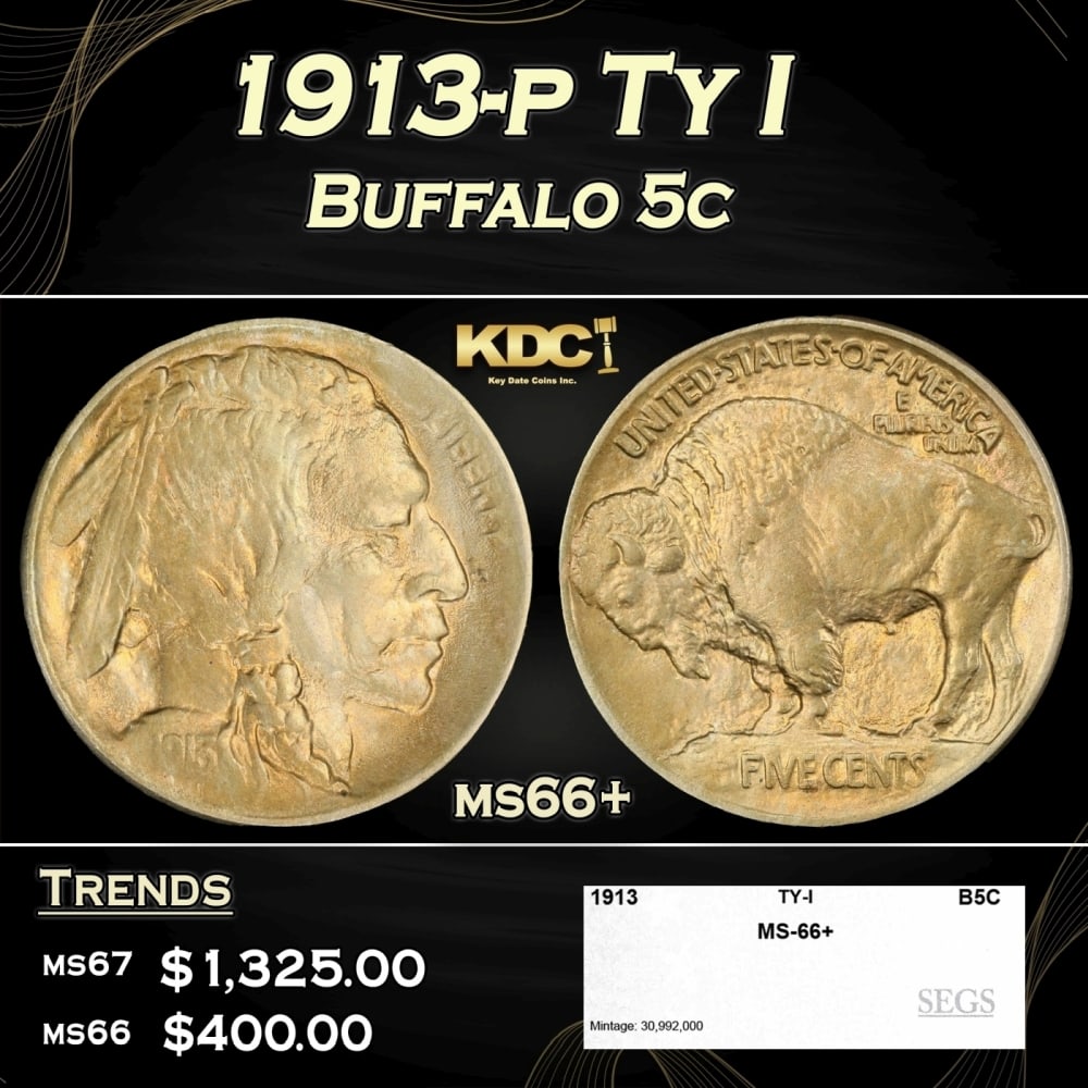 1913-p Ty I Buffalo Nickel 5c ms66+ SEGS (1 of 4)