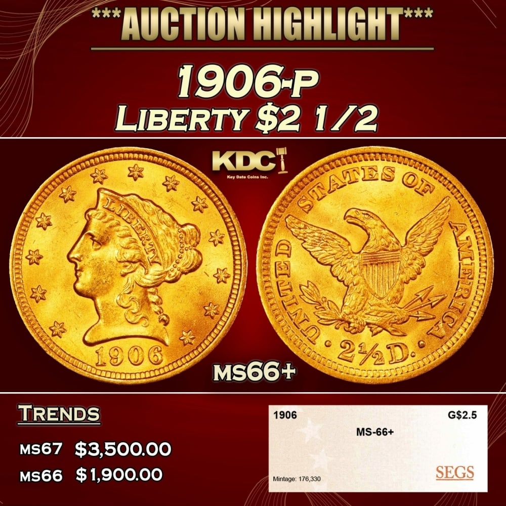 1906-p Gold Liberty Quarter Eagle $2 1/2 ms66+ SEGS (1 of 4)