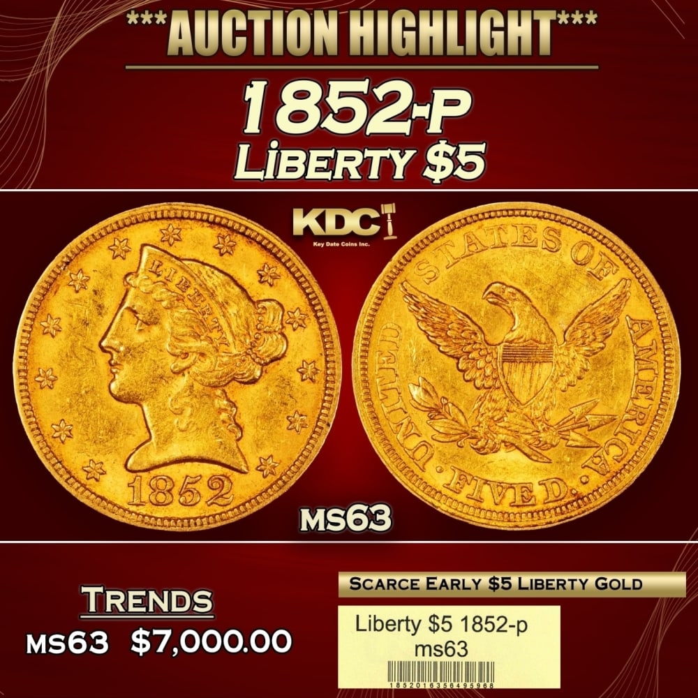 1852-p Gold Liberty Half Eagle $5 ms63 USCG (1 of 4)