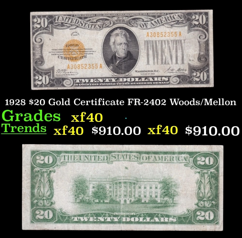 1928 $20 Gold Certificate FR-2402 Woods/Mellon Grades xf (1 of 3)