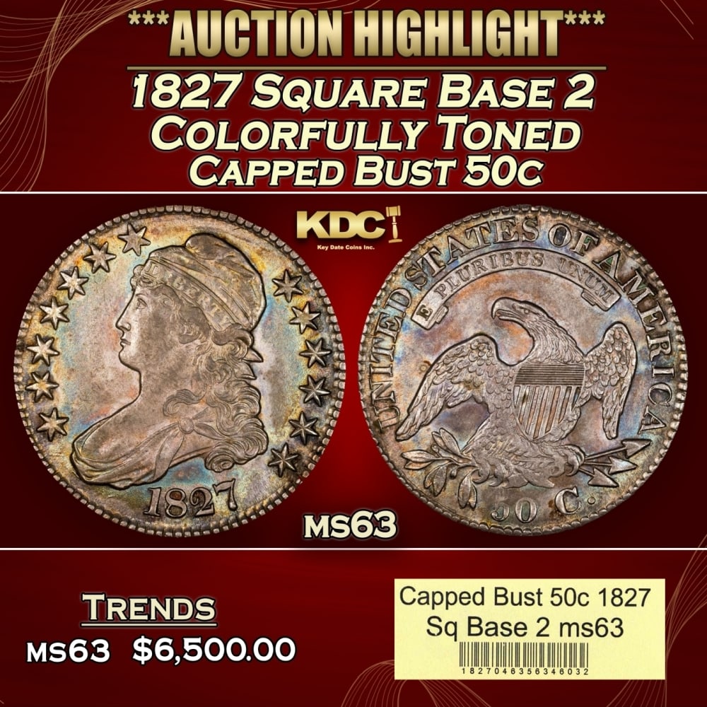1827 Square Base 2 Capped Bust Half Dollar Colorfully Toned 50c ms63 USCG (1 of 4)