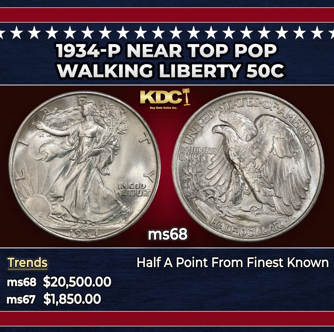 1934-p Walking Liberty Half Dollar Near Top Pop 50c ms68 SEGS: 1934-p Near Top Pop Walking Liberty Half Dollar 50c ms68 SEGS.