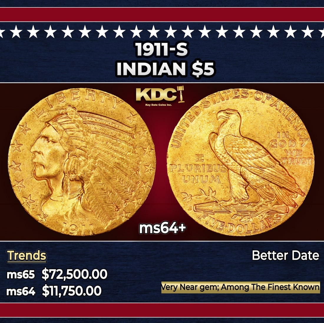 1911-s Gold Indian Half Eagle $5 ms64+ USCG: 1911-s Gold Indian Half Eagle $5 ms64+ USCG. The 1911-S is a better date in the Indian half eagle series, although not uncollectible. Mint State examples are occasionally available in the MS62 to MS63