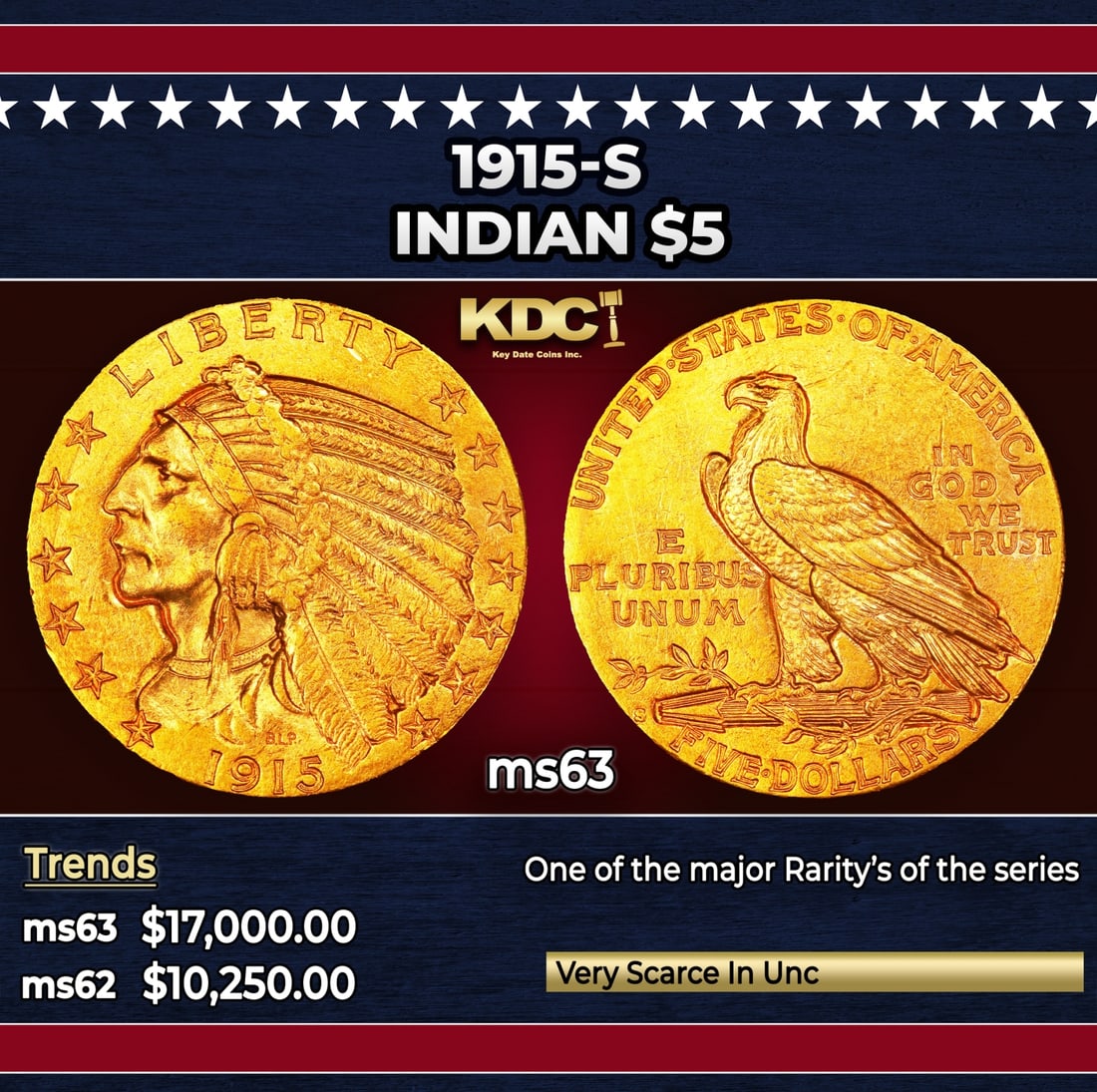 1915-s Gold Indian Half Eagle $5 ms63 USCG: 1915-s Gold Indian Half Eagle $5 ms63 USCG. This handsome and inviting example would serve with distinction in an advanced Indian half eagle set. Lustrous surfaces exhibit vivid orange-gold patina to
