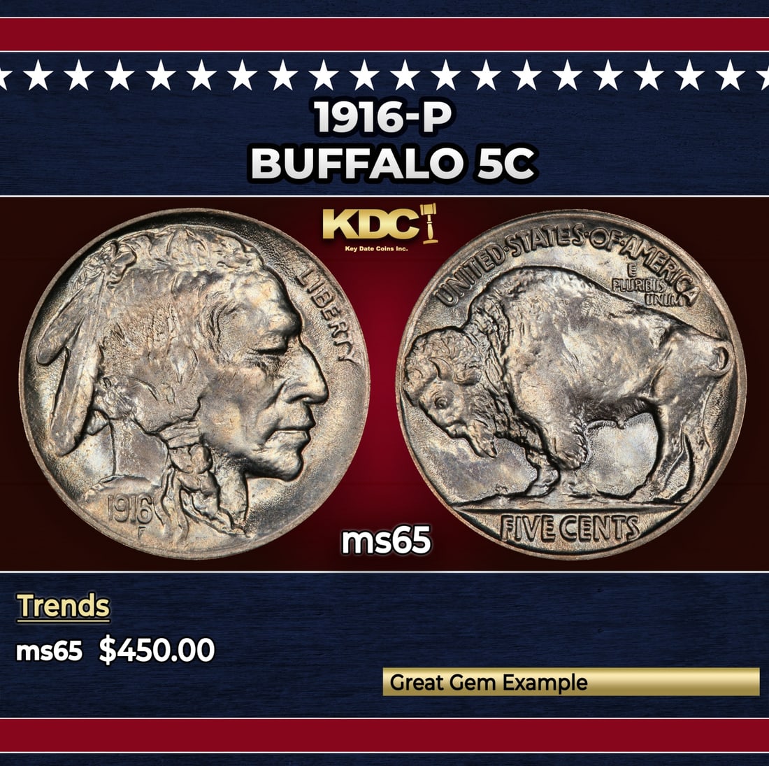 1916-p Buffalo Nickel 5c Grades ms65 (1 of 3)