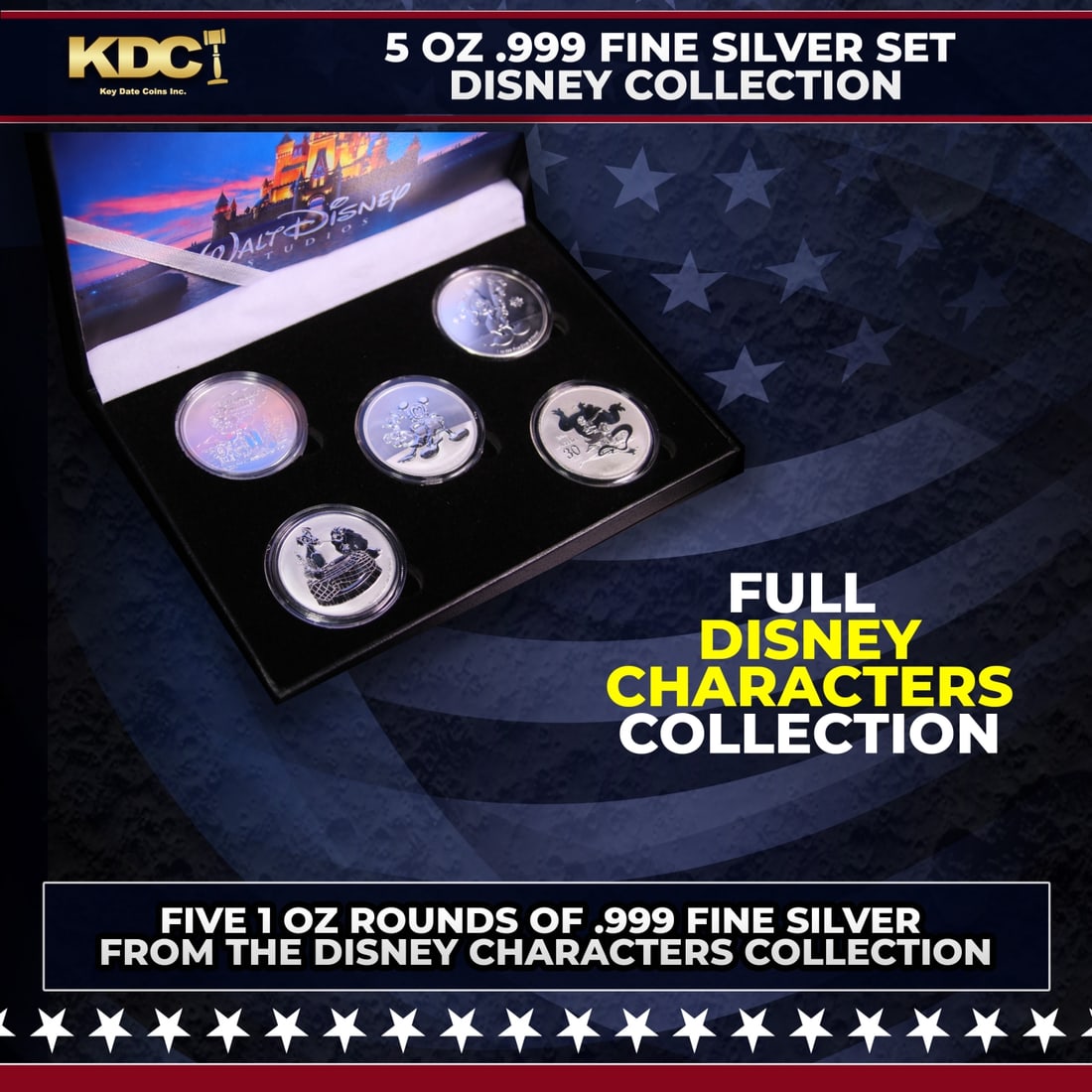 5x 1oz Silver Round Disney Set, 5oz Of Pure Silver: 5x 1oz Silver Round Disney Set, 5oz Of Pure Silver. Please Note All Backer Cards may have slight differences but will be very similar if not identical to the one in the photo