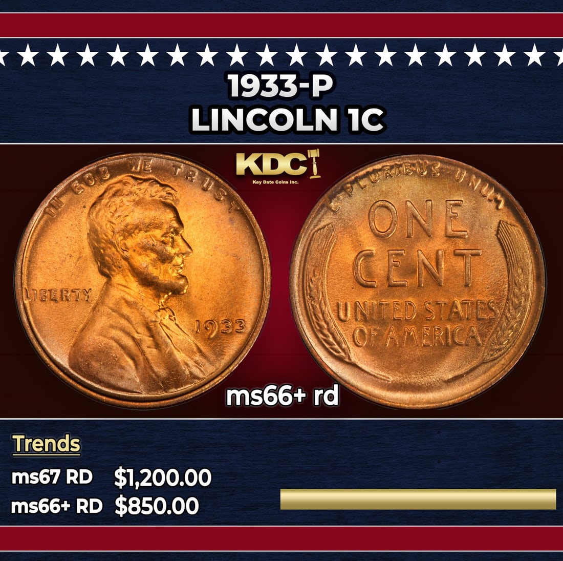 1933-p Lincoln Cent 1c ms66+ rd SEGS (1 of 3)