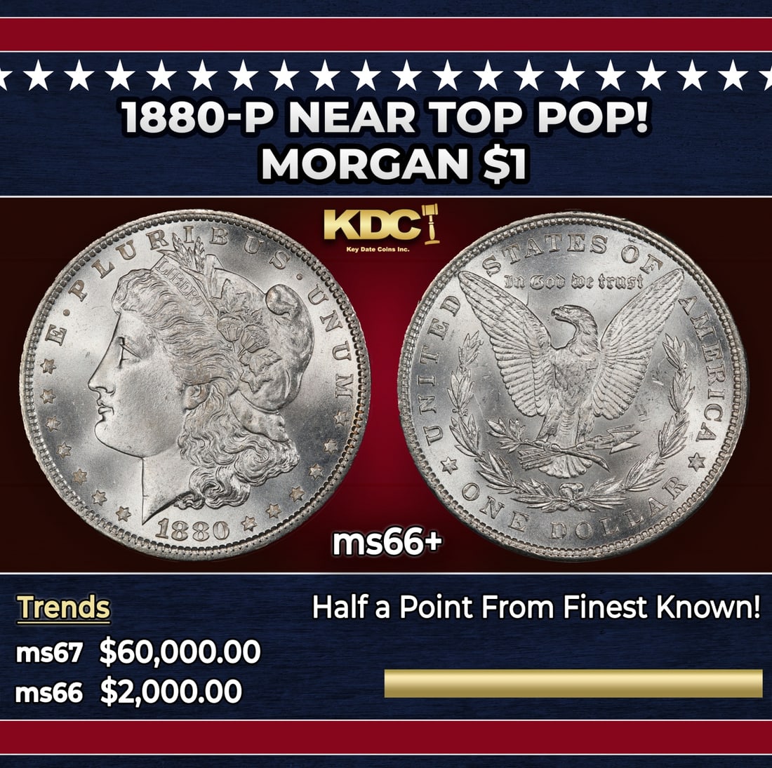 1880-p Morgan Dollar Near Top Pop! $1 ms66+ SEGS: 1880-p Near Top Pop! Morgan Dollar $1 ms66+ SEGS.