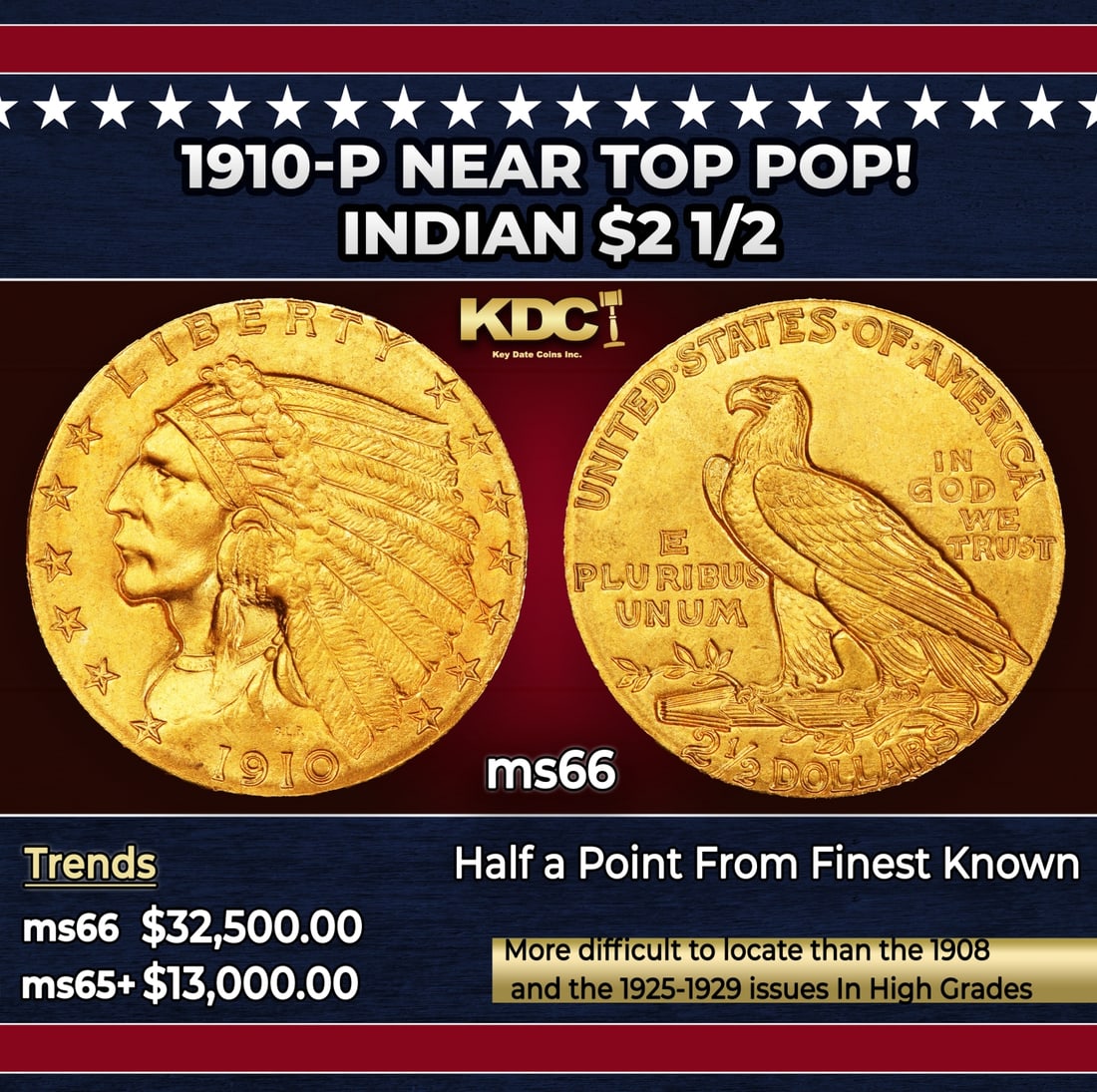 1910-p Gold Indian Quarter Eagle Near Top Pop! $2 1/2 ms66 USCG: 1910-p Near Top Pop! Gold Indian Quarter Eagle $2 1/2 ms66 USCG. The 1910 Indian quarter eagle claims a nominal mintage of 492,000 pieces, and the issue is a medium rarity in the series in high grade.