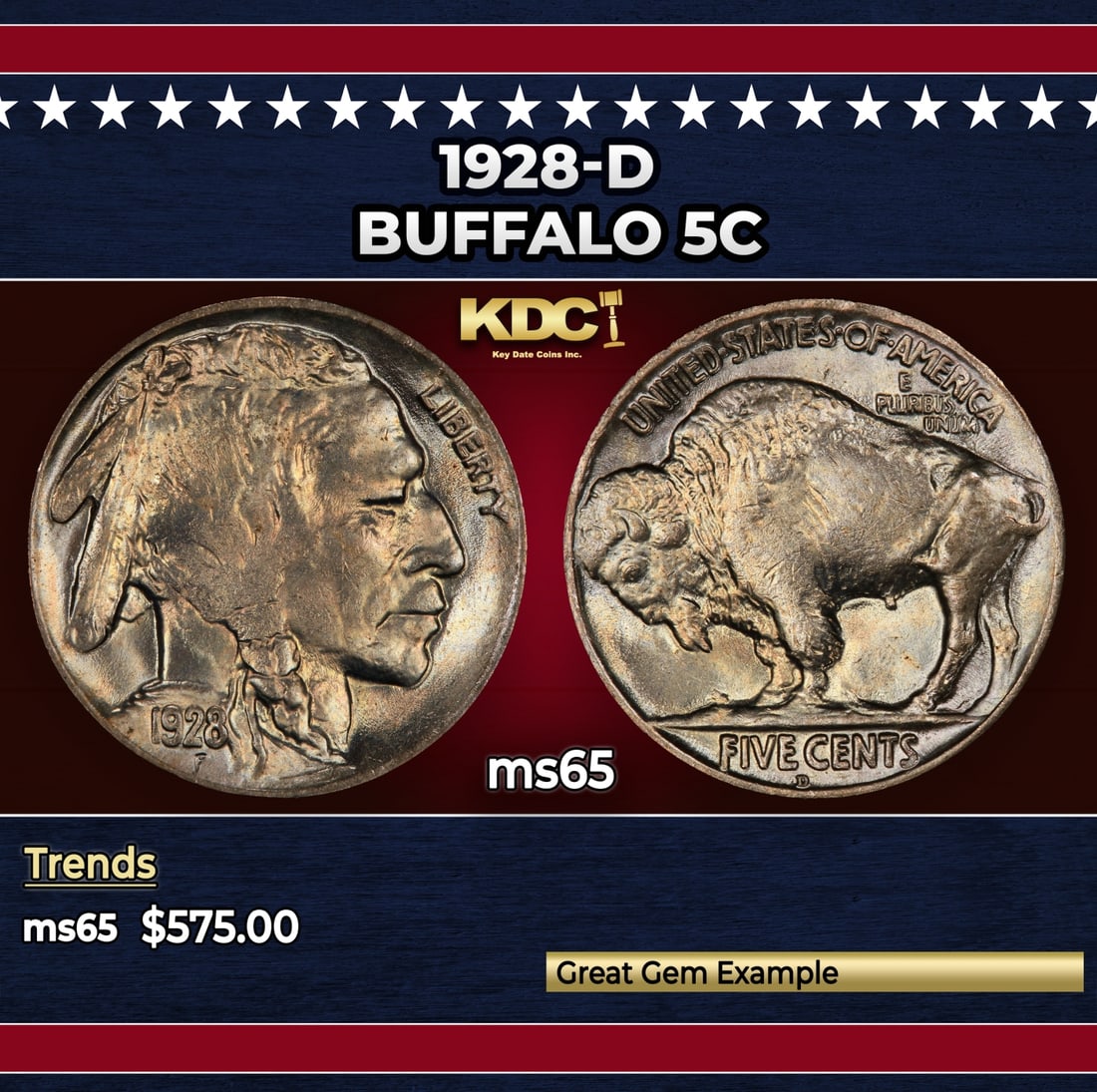 1928-d Buffalo Nickel 5c Grades ms65 (1 of 3)
