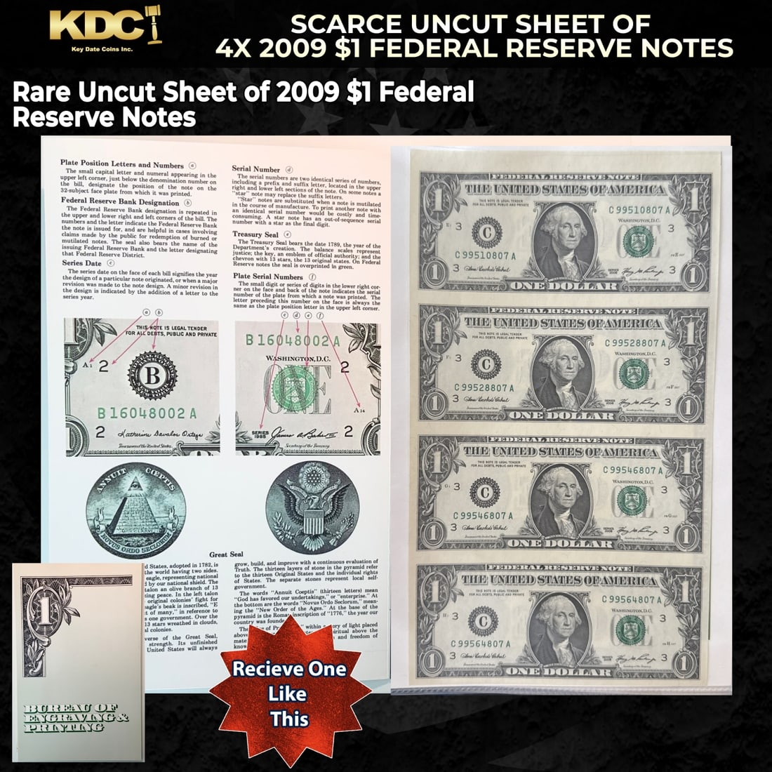 Scarce Uncut Sheet of 4x 2009 $1 Federal Reserve Notes In BeP Folder (1 of 1)