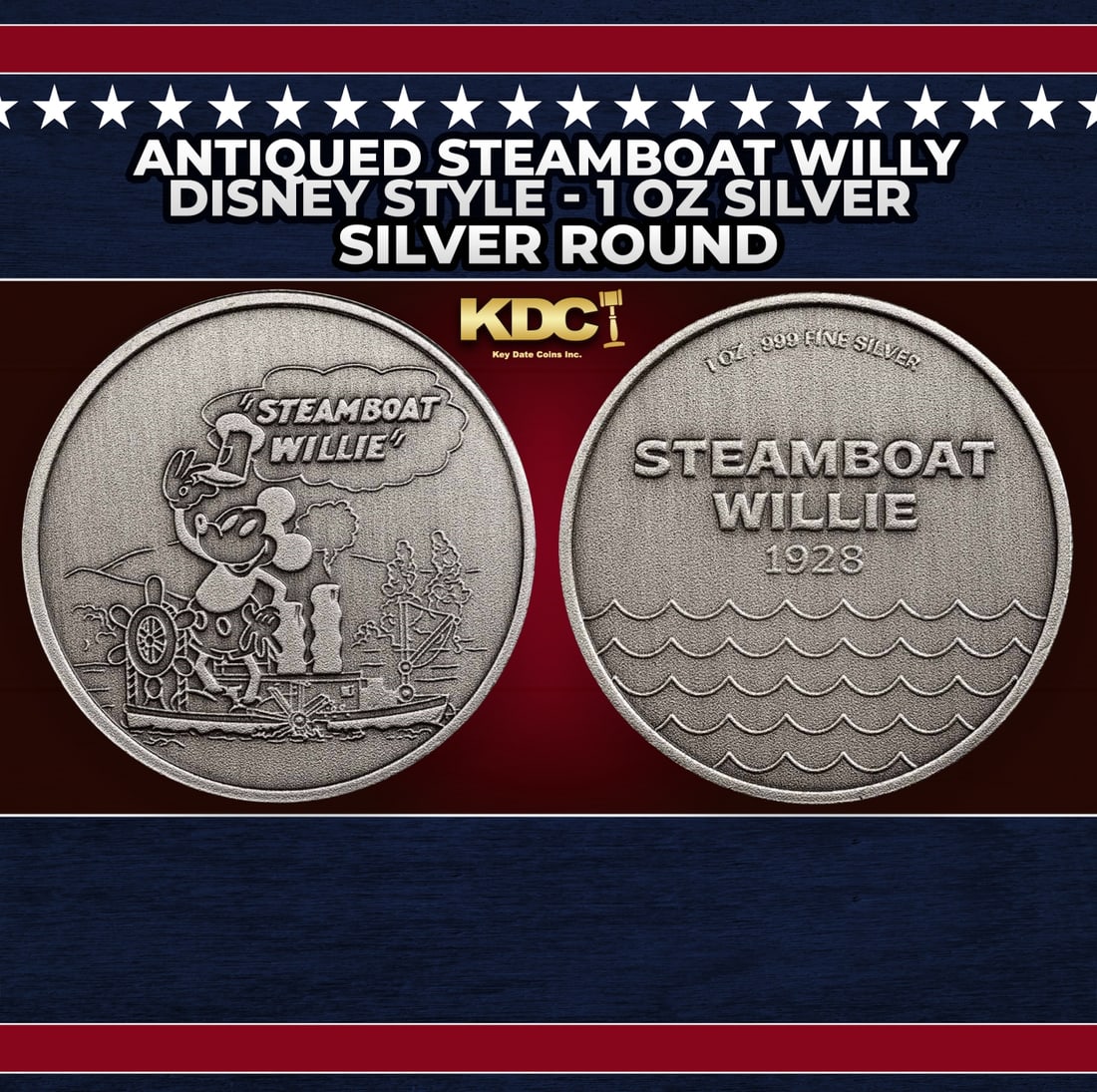 Antiqued Steamboat Willy Disney Style - 1 oz Silver Round Round: Antiqued Steamboat Willy Disney Style - 1 oz Silver Round. Commemorating Steamboat Willie entering the public domain, this antiqued style silver round features a depiction of the seminal cartoon mouse