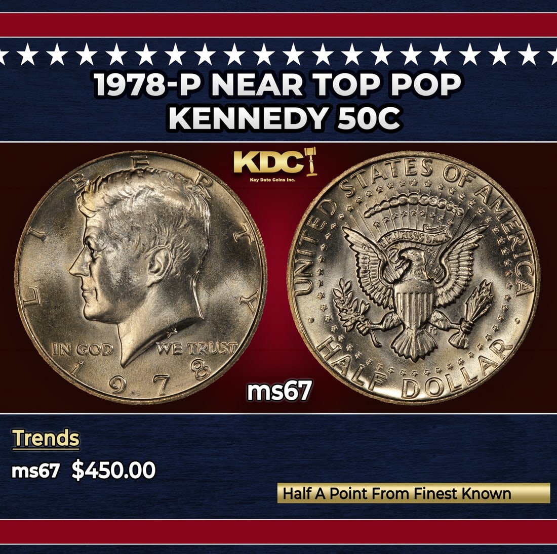 1978-p Kennedy Half Dollar Near Top Pop 50c ms67 SEGS: 1978-p Near Top Pop Kennedy Half Dollar 50c ms67 SEGS.