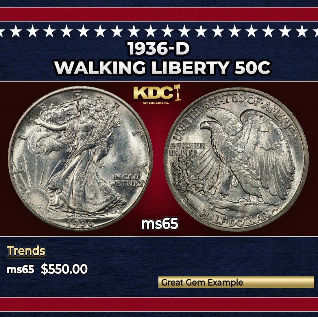 1936-d Walking Liberty Half Dollar 50c Grades ms65: 1936-d Walking Liberty Half Dollar 50c Grades ms65.