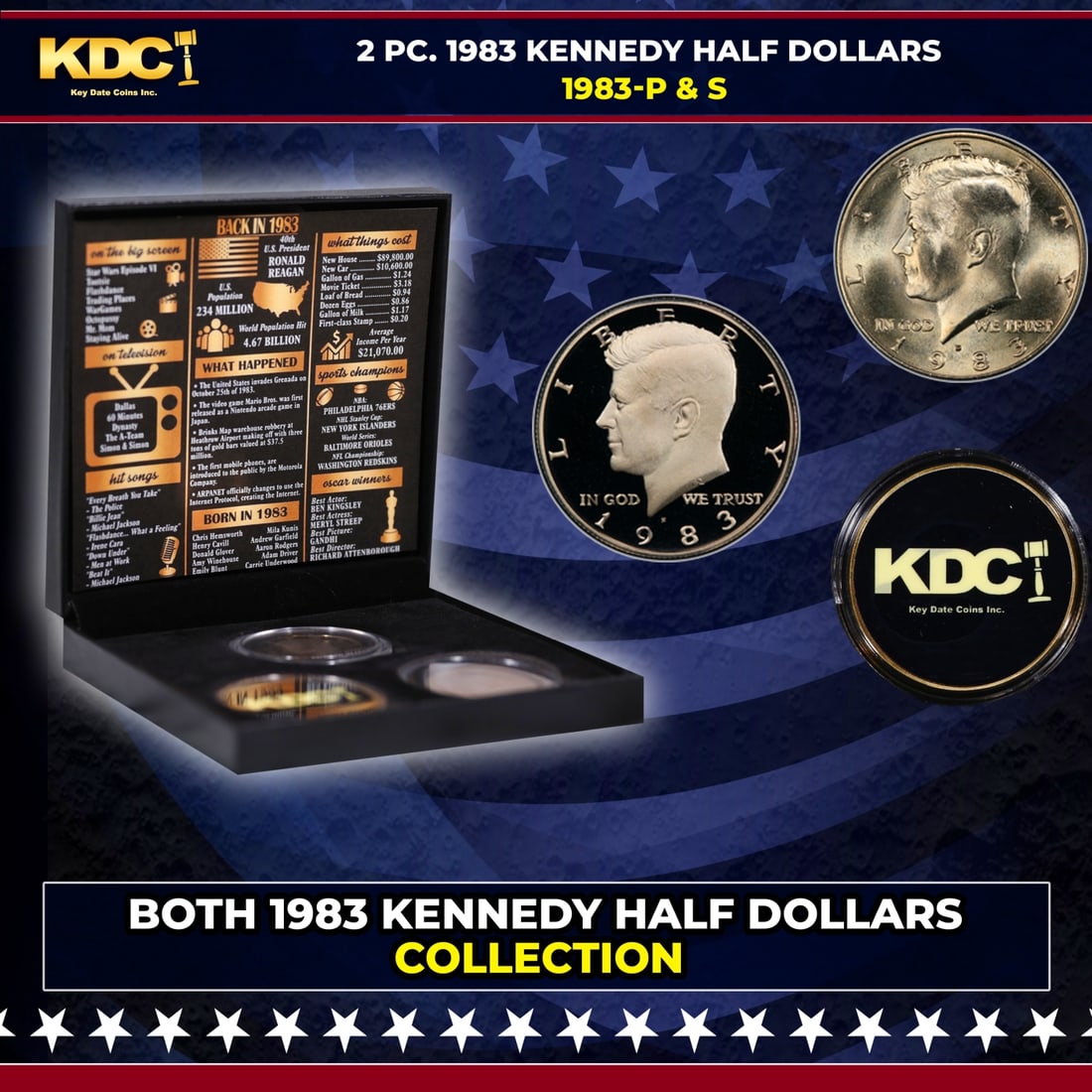 Complete 3 PC. 1983 Kennedy Half Dollar 50c set In Custom Box W/ Special Backer Card BU & Proof (1 of 7)