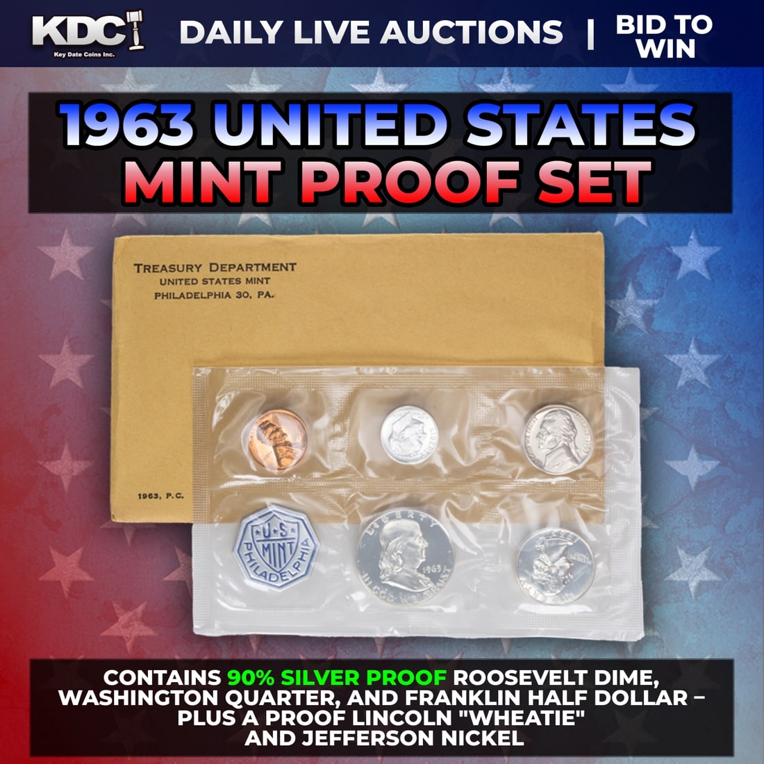 1963 United States Mint Silver Proof Set In Original Goventment Packaging, 5 Coins - Manilla (1 of 1)