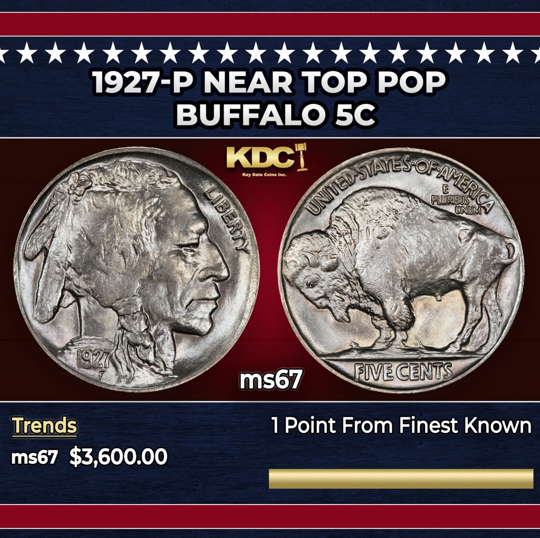 1927-p Buffalo Nickel Near Top Pop 5c ms67 SEGS: 1927-p Near Top Pop Buffalo Nickel 5c ms67 SEGS.