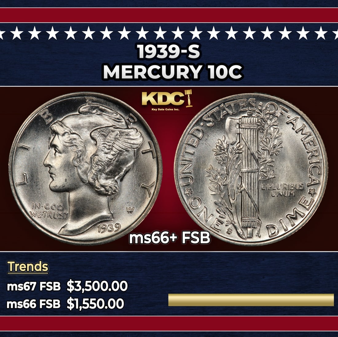 1939-s Mercury Dime 10c ms66+ FSB SEGS: 1939-s Mercury Dime 10c ms66+ FSB SEGS.