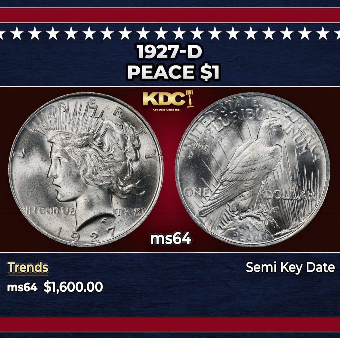 1927-d Peace Dollar $1 ms64 SEGS: 1927-d Peace Dollar $1 ms64 SEGS.