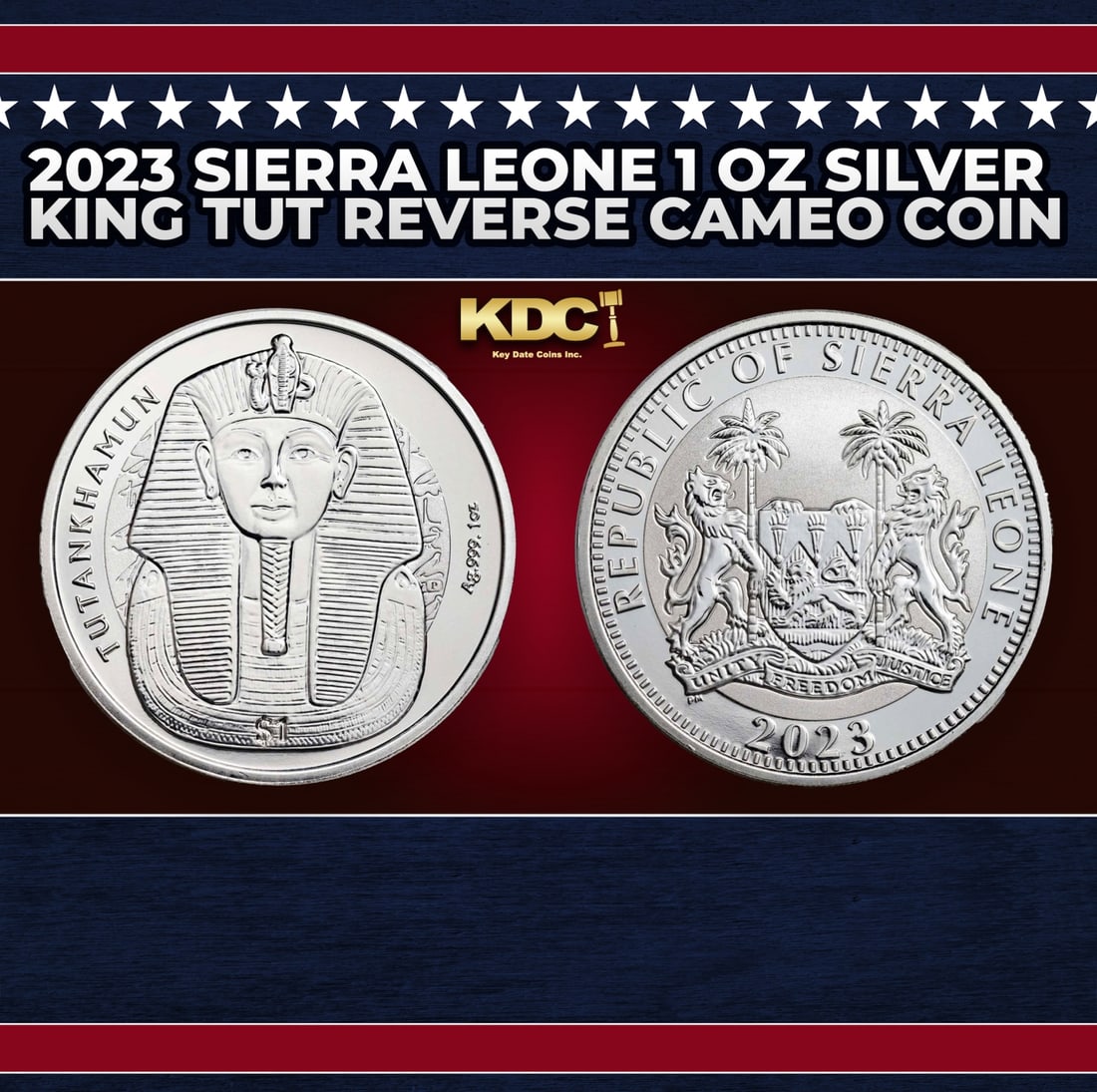 2023 Sierra Leone 1 oz Silver King Tut Reverse Cameo Coin Round: 2023 Sierra Leone 1 oz Silver King Tut Reverse Cameo Coin. Celebrating King Tut, Egypt's youngest and most mysterious pharoah, this coin features his death mask with Egyptian hieroglyphs, commemoratin