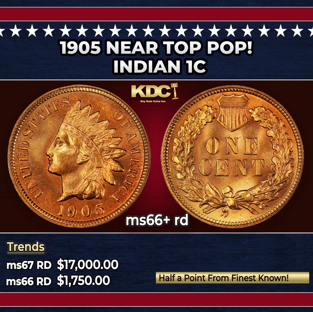 1905 Indian Cent Near Top Pop! 1c ms66+ rd SEGS: 1905 Near Top Pop! Indian Cent 1c ms66+ rd SEGS.