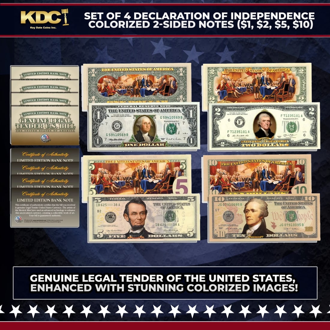 Set of 4 Declaration of Independence Colorized 2-Sided Notes ($1, $2, $5, $10) Other Toy (1 of 2)