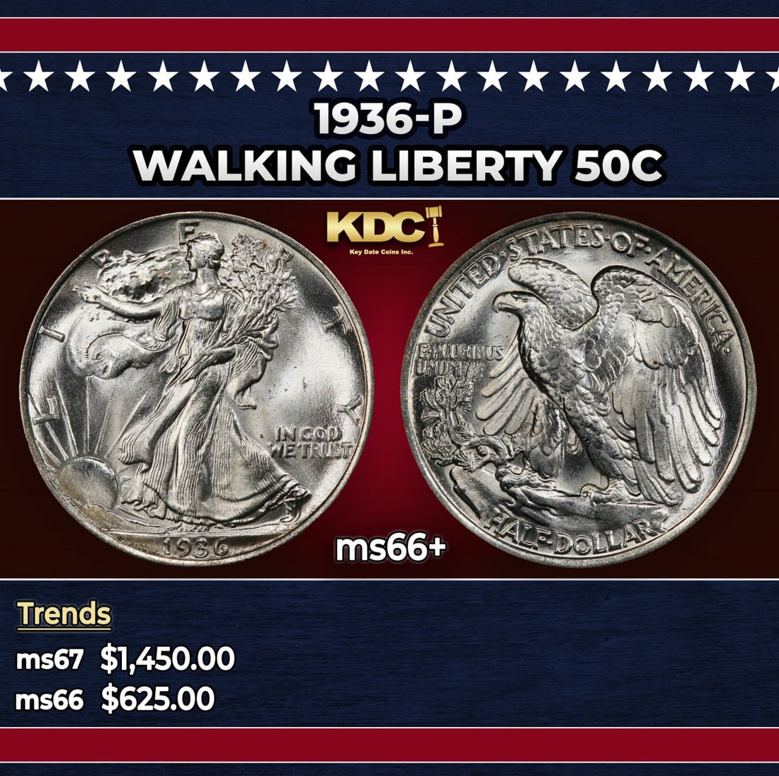 1936-p Walking Liberty Half Dollar 50c ms66+ SEGS: 1936-p Walking Liberty Half Dollar 50c ms66+ SEGS.