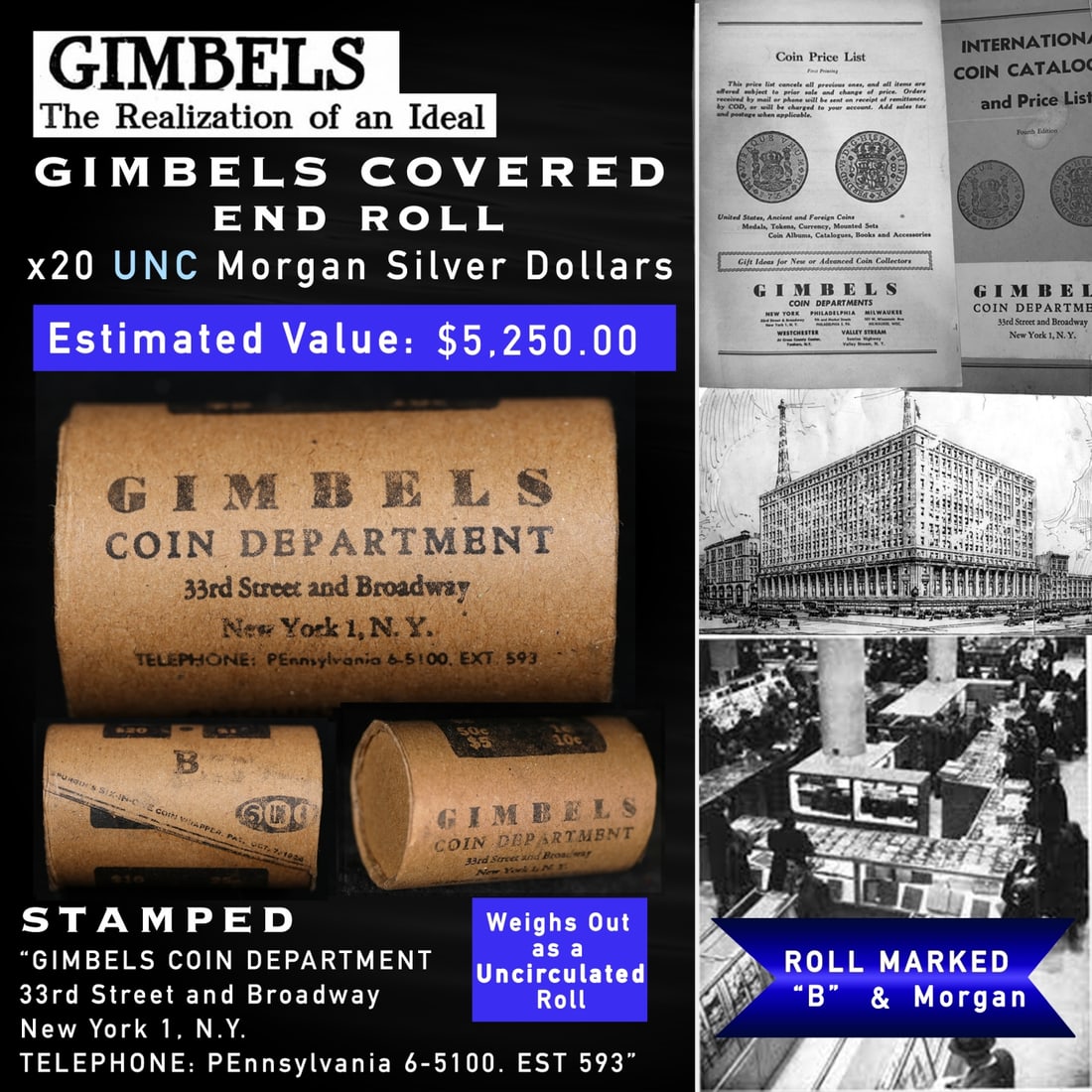 20 Morgan Silver Dollars UNC GIMBLES Roll RARE B: 20 Morgan Silver Dollars UNC GIMBLES Roll RARE B. Up For Auction is a 142- 20 Morgan Silver Dollars UNC GIMBLES Roll RARE B Roll Weighing 537.4 g Based On this weight this is a UNC Roll We are very ex