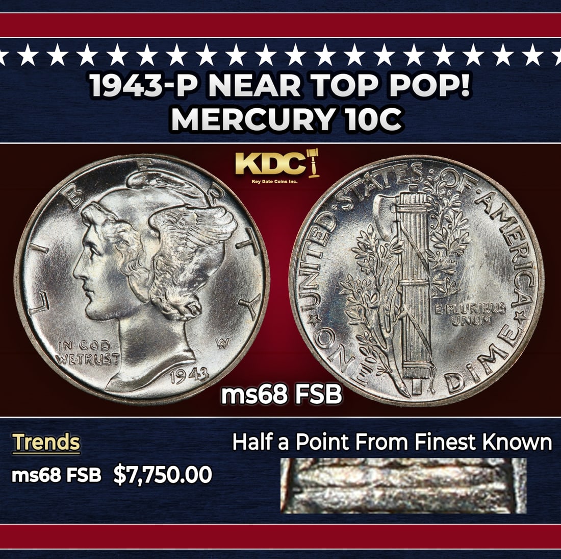1943-p Mercury Dime Near Top Pop! 10c ms68 FSB SEGS: 1943-p Near Top Pop! Mercury Dime 10c ms68 FSB SEGS.