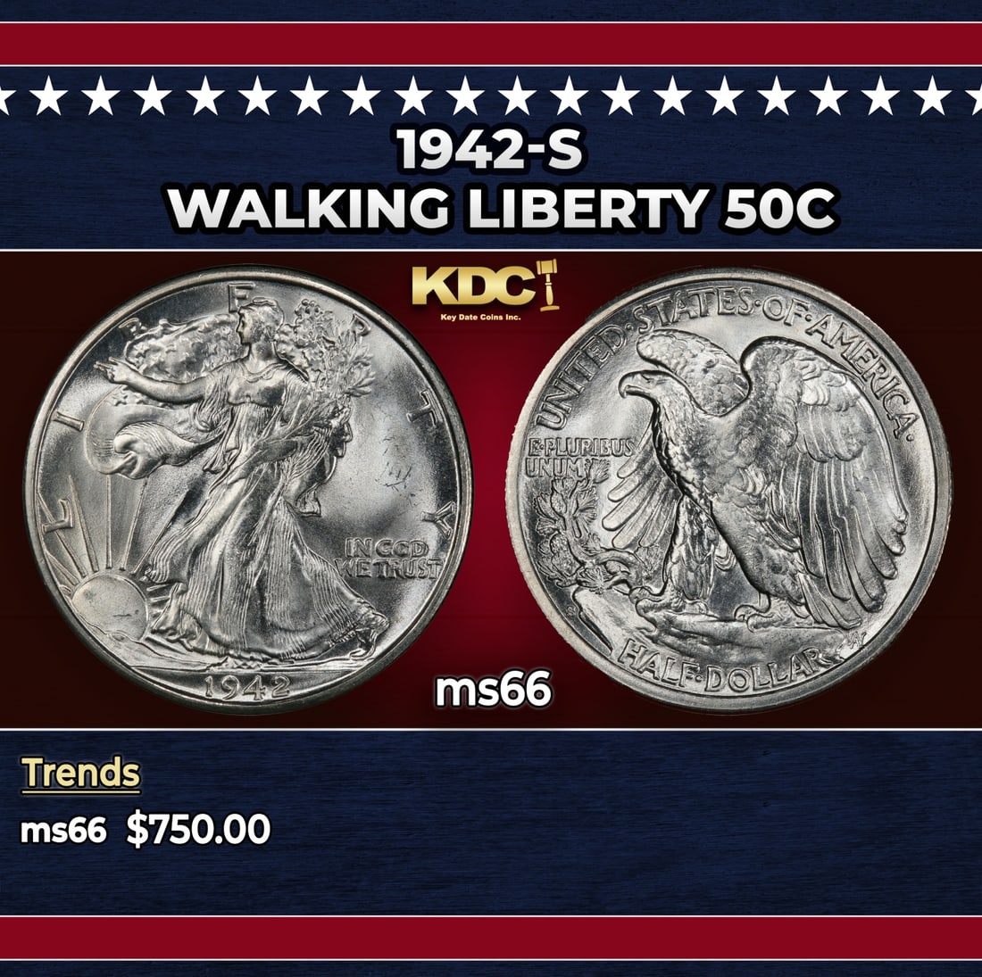 1942-s Walking Liberty Half Dollar 50c Grades ms66 (1 of 3)